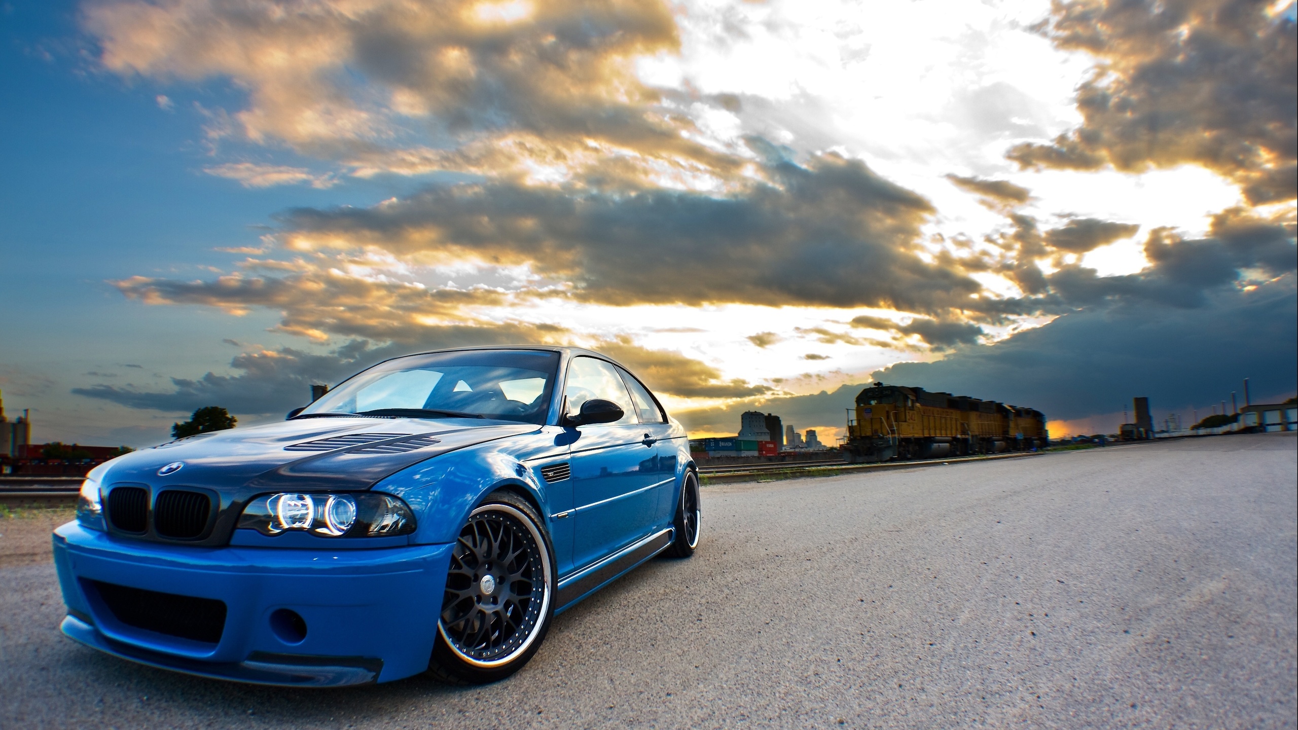 , Bmw, blue, m3, clouds, , ,  , e46, sky, train