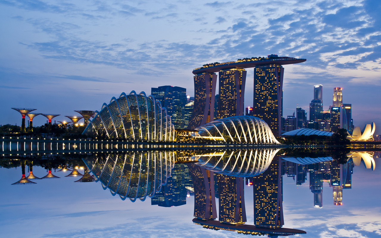 sky, reflection, gardens by the bay, skyscrapers, lights, clouds, architecture, evening, Singapore