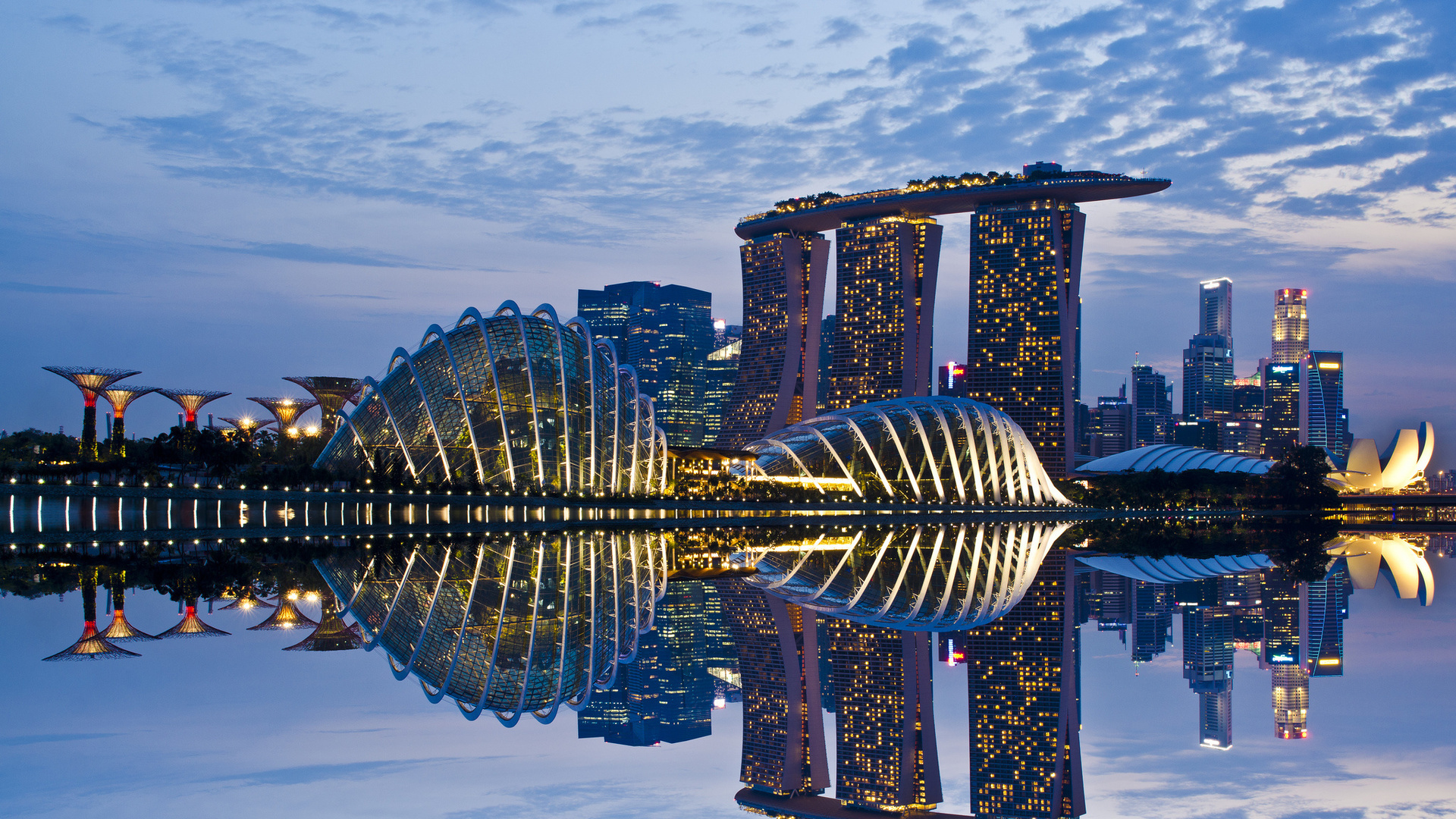 sky, reflection, gardens by the bay, skyscrapers, lights, clouds, architecture, evening, Singapore