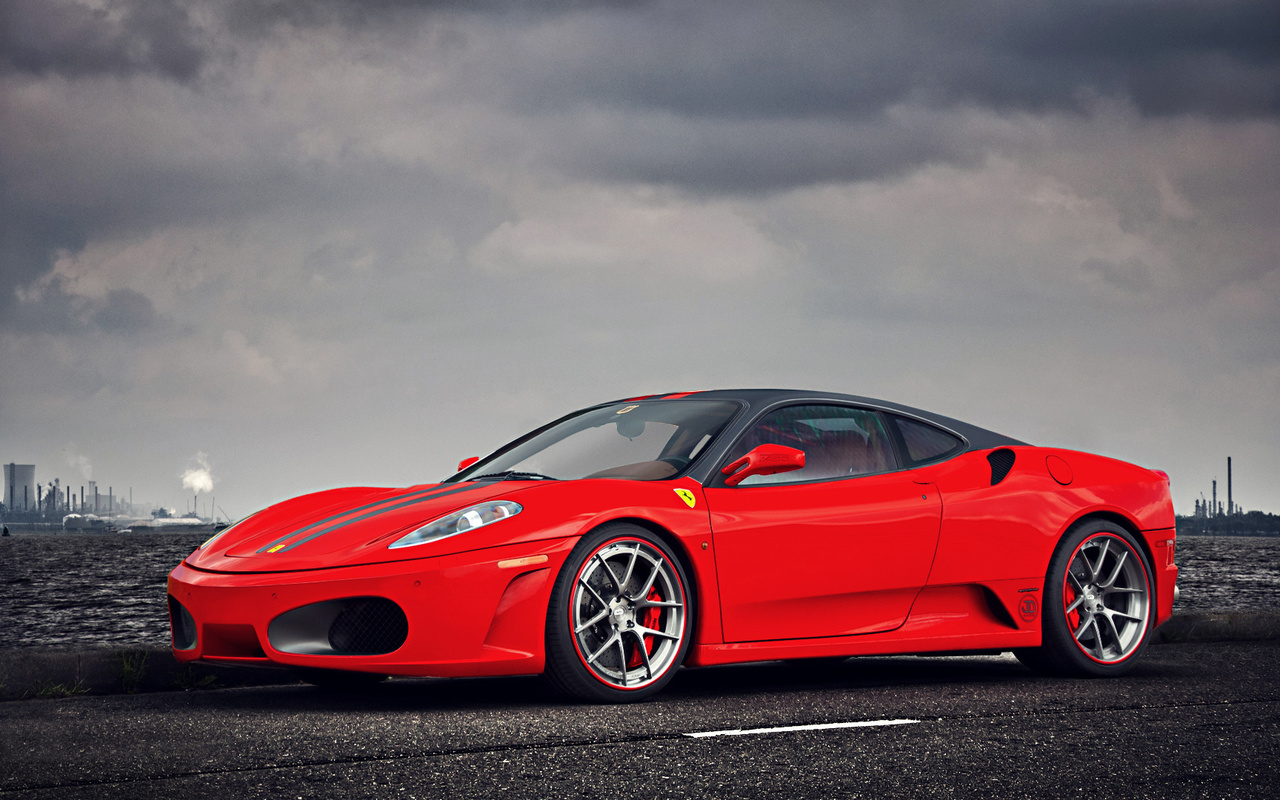 ferrari, f430, supercar, red, landscape, sky, clouds, water, factory