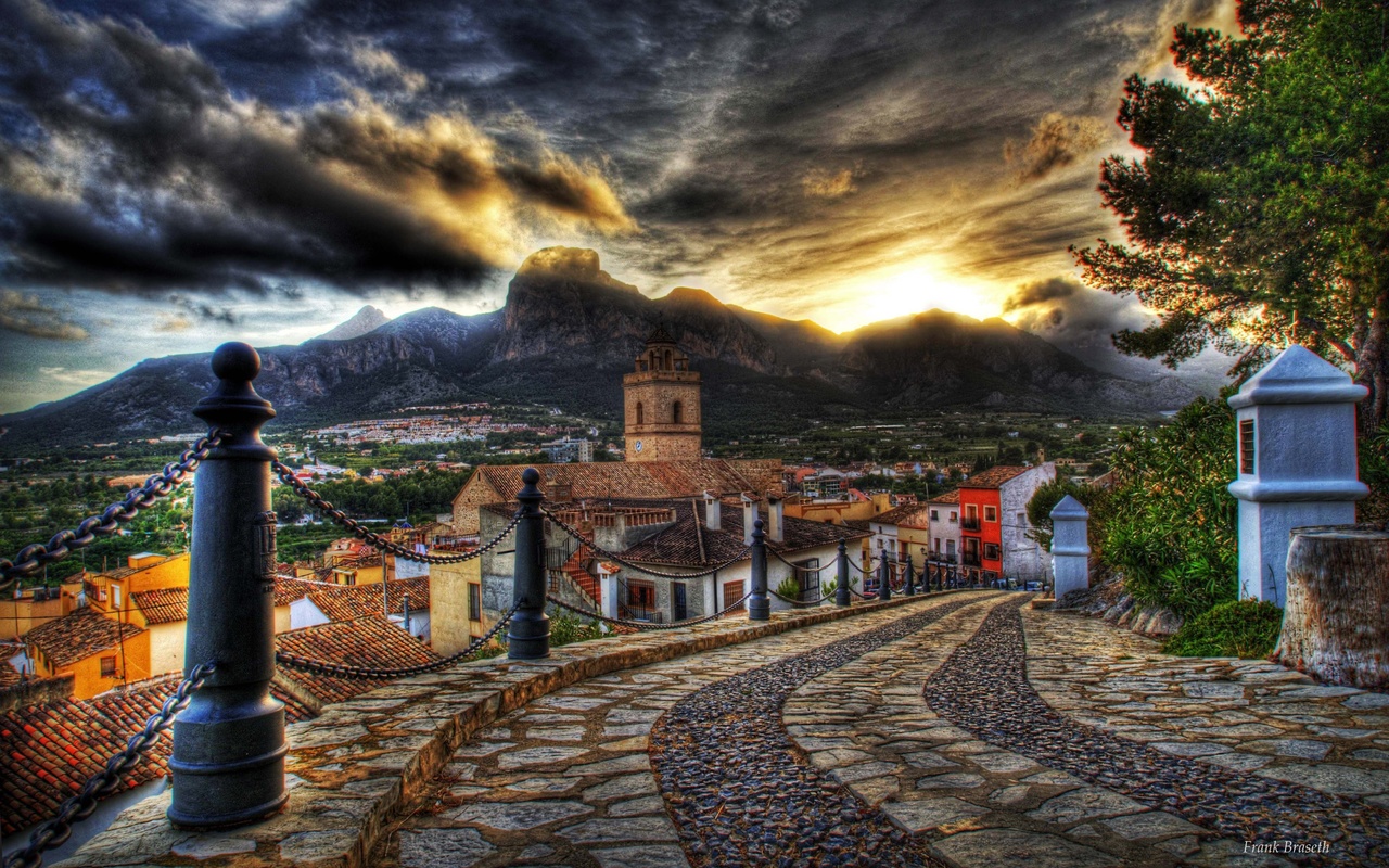 houses, sunset, colors, road, colorful, old, Architecture, clouds, mountain, street, hdr, sky