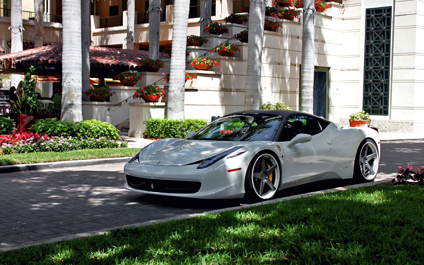 ferrari, 458, italia, white, tuning, wheels, yard, grass, villa