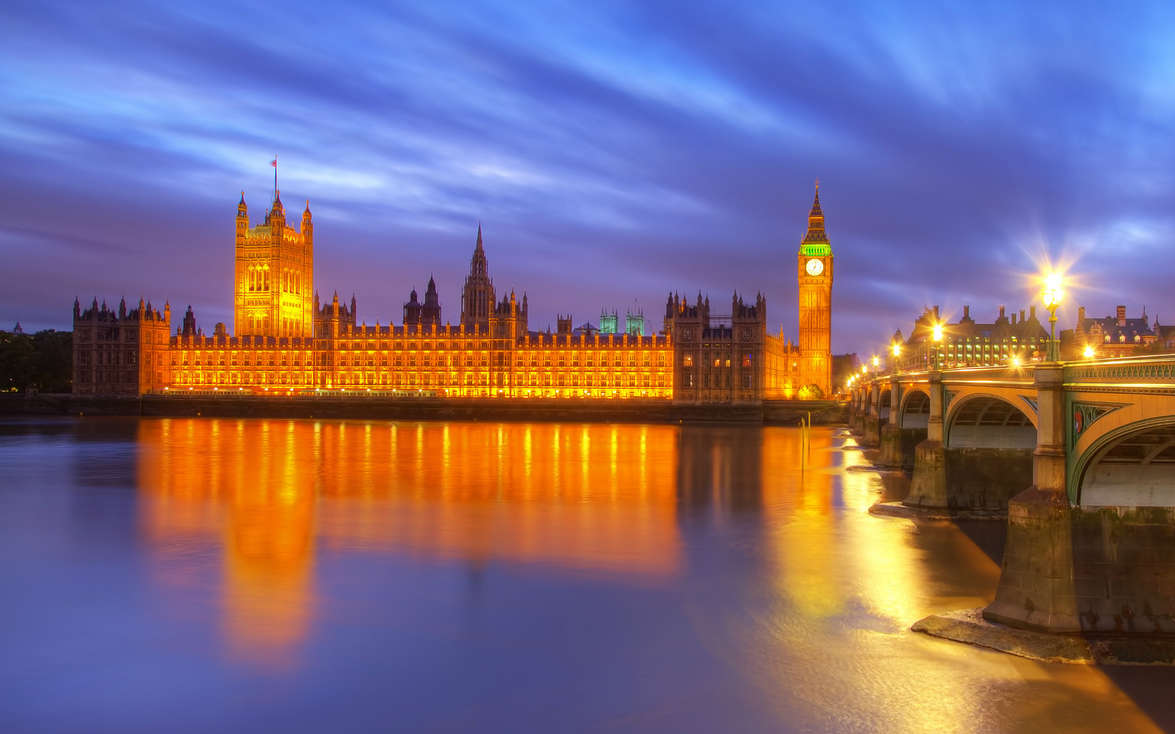 bridge, london, night, england, big ben, city, buildings, lanterns, Great britain, lights, river