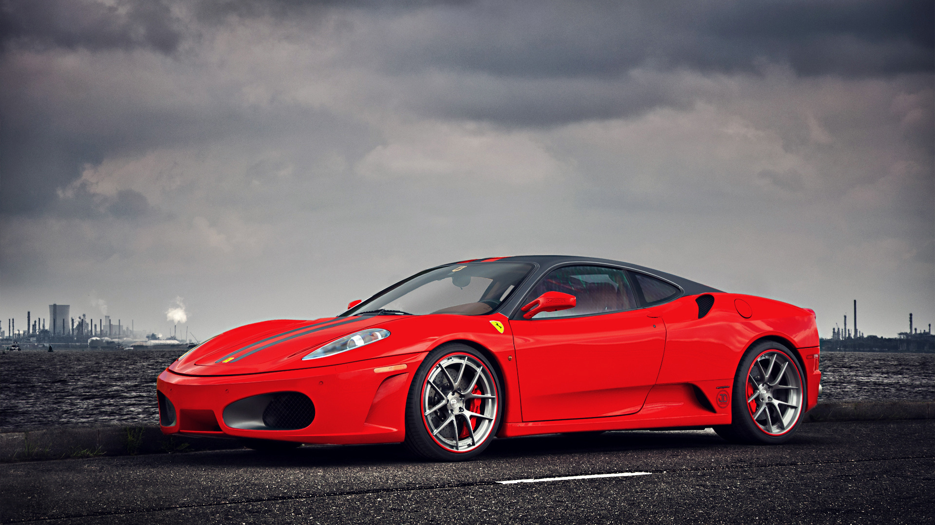 ferrari, f430, supercar, red, landscape, sky, clouds, water, factory