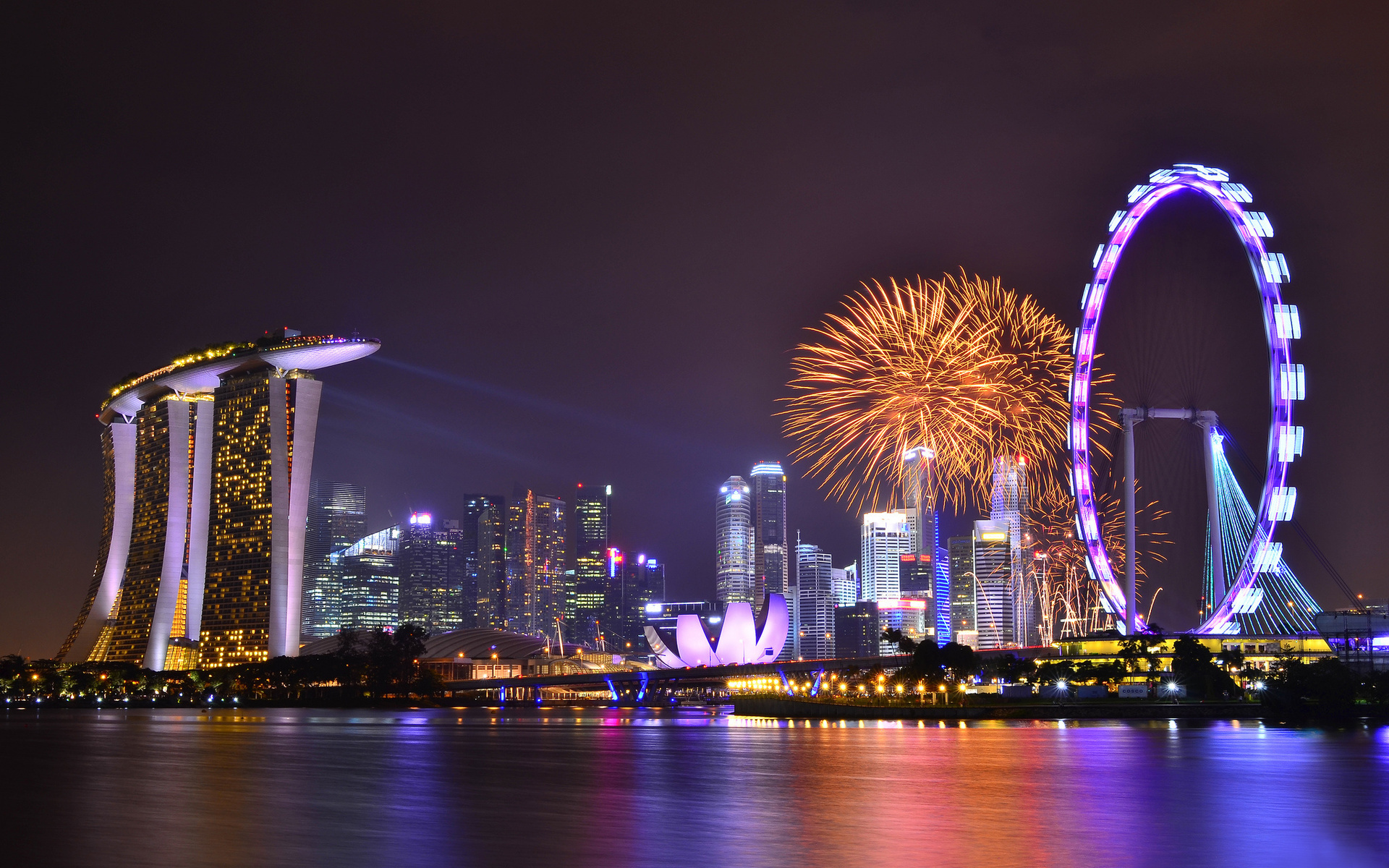 night, skyscrapers, reflection, lights, sky, architecture, Singapore, clouds, gardens by the bay