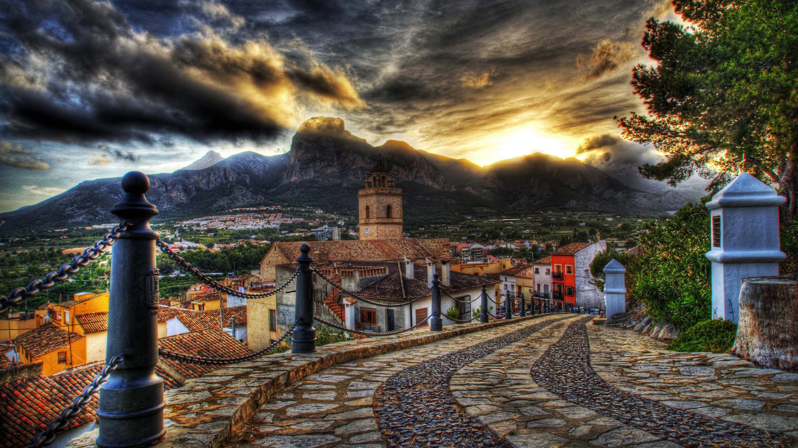 houses, sunset, colors, road, colorful, old, Architecture, clouds, mountain, street, hdr, sky