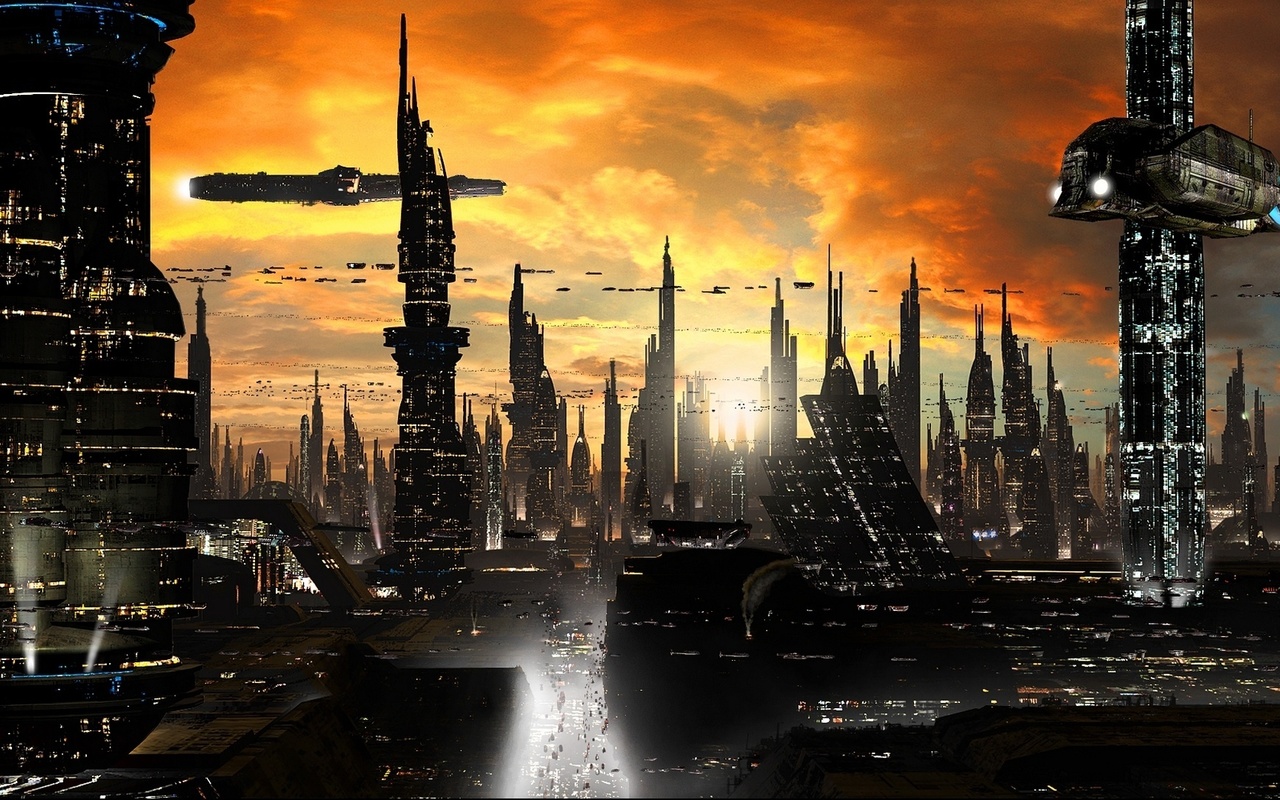 sci-fi, rich35211, scott richard, cityscape, ships, towers, planet, Futuristic city 1