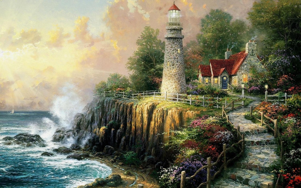 painting, The light of peace, house, art, sea, thomas kinkade, cottage, lighthouse