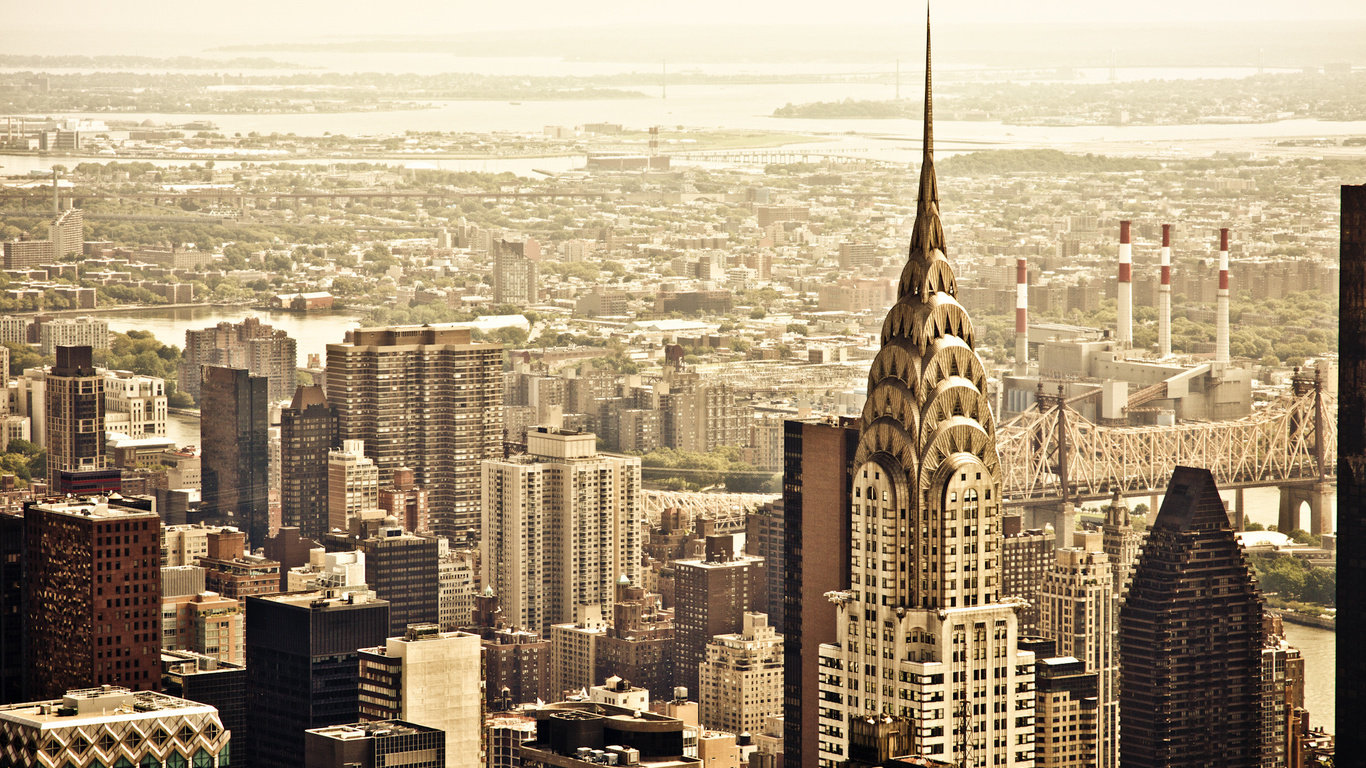 Картинки new york, new york city, nyc, нью-йорк, usa, сша, manhattan,  манхэттен, chrysler building, крайслер-билдинг, queensboro bridge, мост  куинсборо, город, панорама, вид, небоскребы, здания, дома, крыши, высотки -  обои 1366x768, картинка №59608