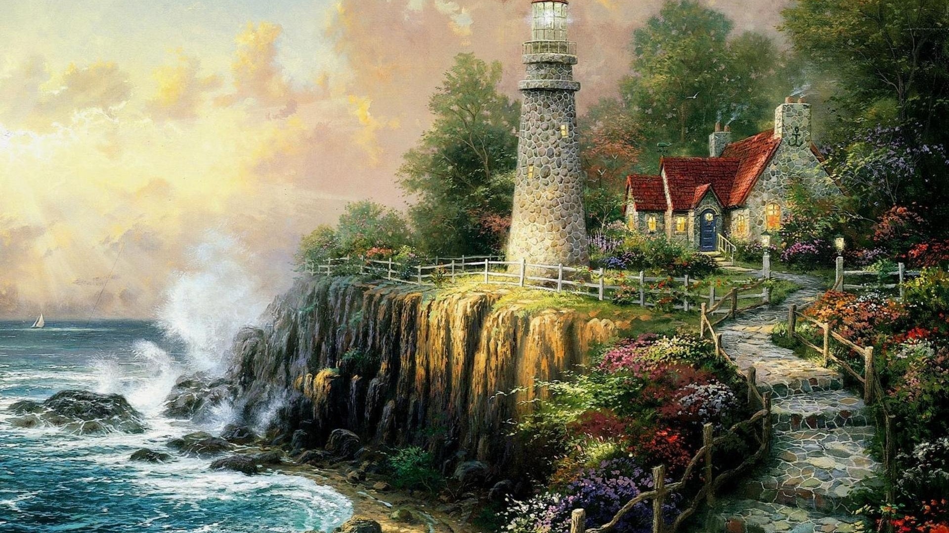 painting, The light of peace, house, art, sea, thomas kinkade, cottage, lighthouse