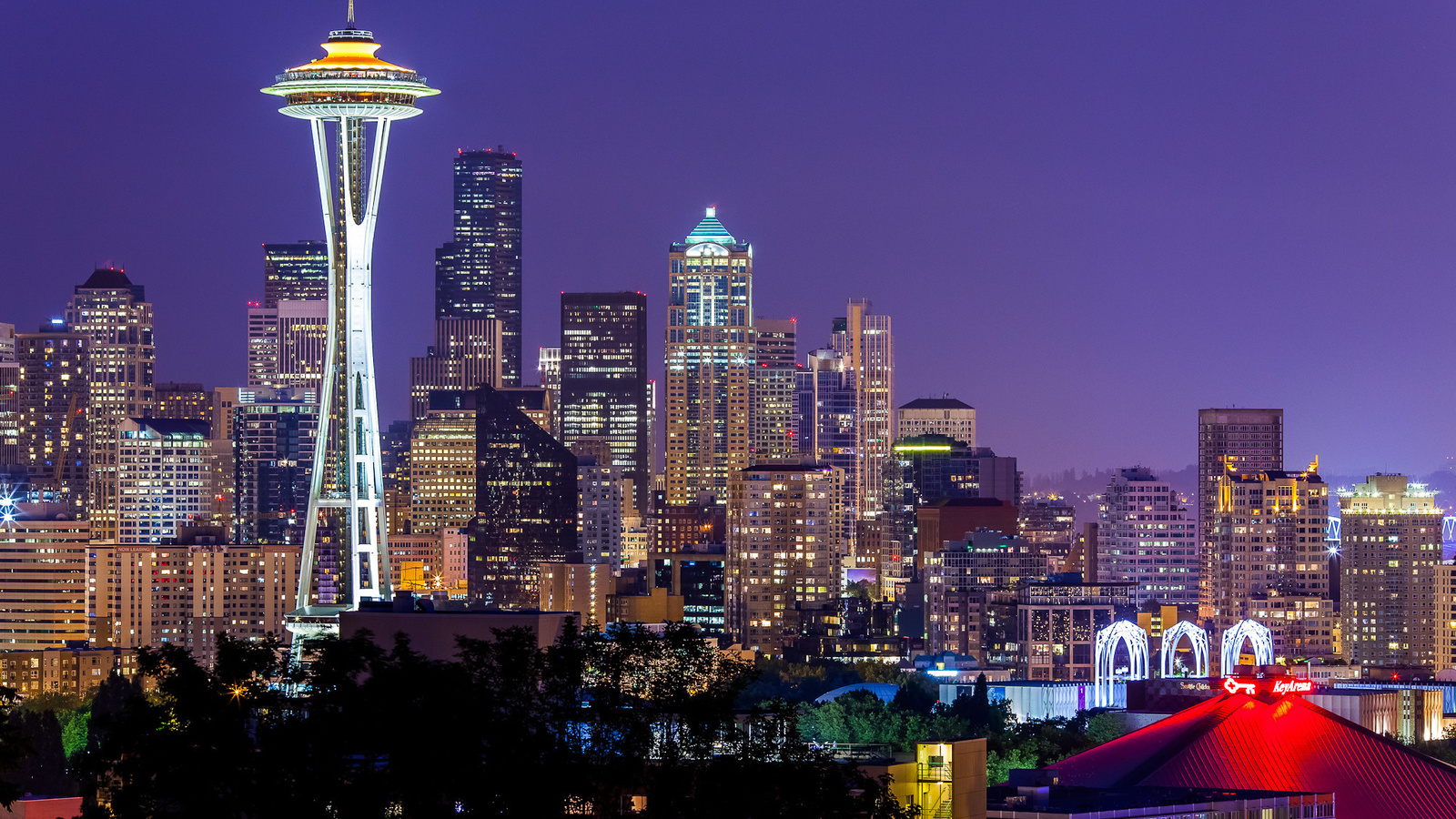 city, , Usa, space needle, lights, violet, washington, sky, seattle, night