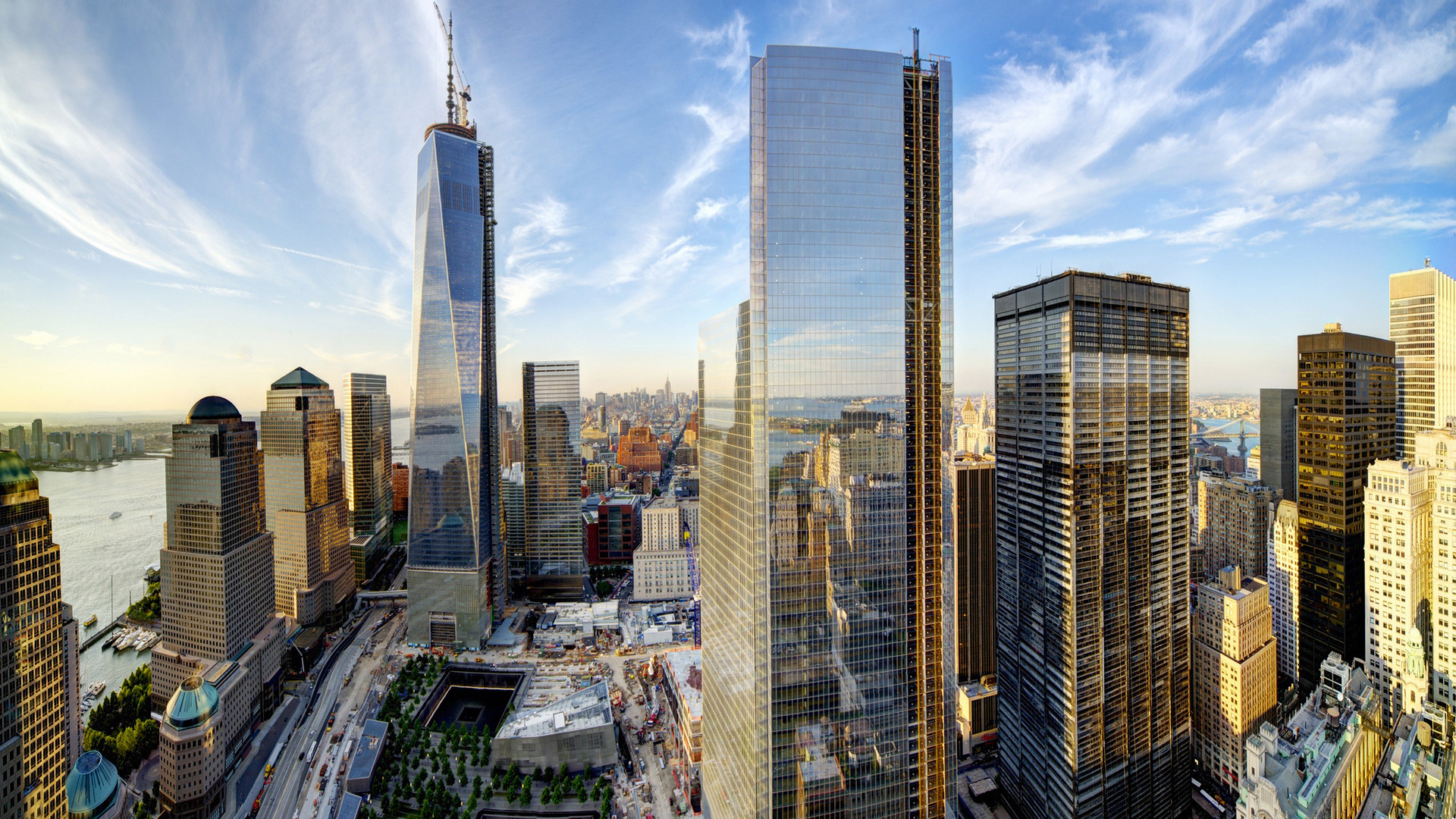 Картинки new york, new york city, manhattan, wtc, 1 world trade center,  nyc, usa, нью-йорк, манхэттен, всемирный торговый центр, сша, город, небо,  облака, небоскребы, здания, дома, панорама - обои 1920x1080, картинка №63349