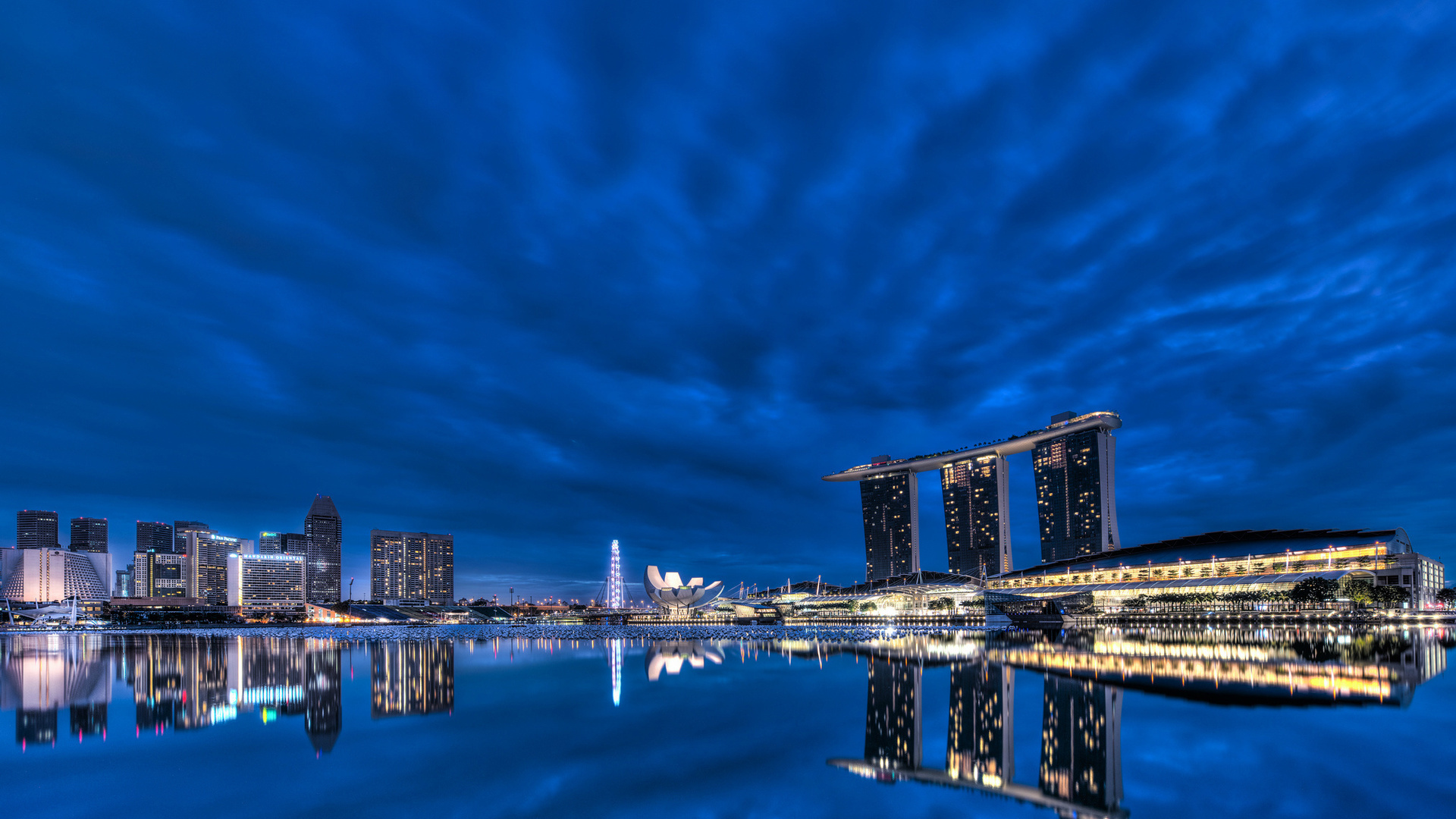 gardens by the bay, night, blue sky, bay, Singapore, lights, skyscrapers, architecture, clouds