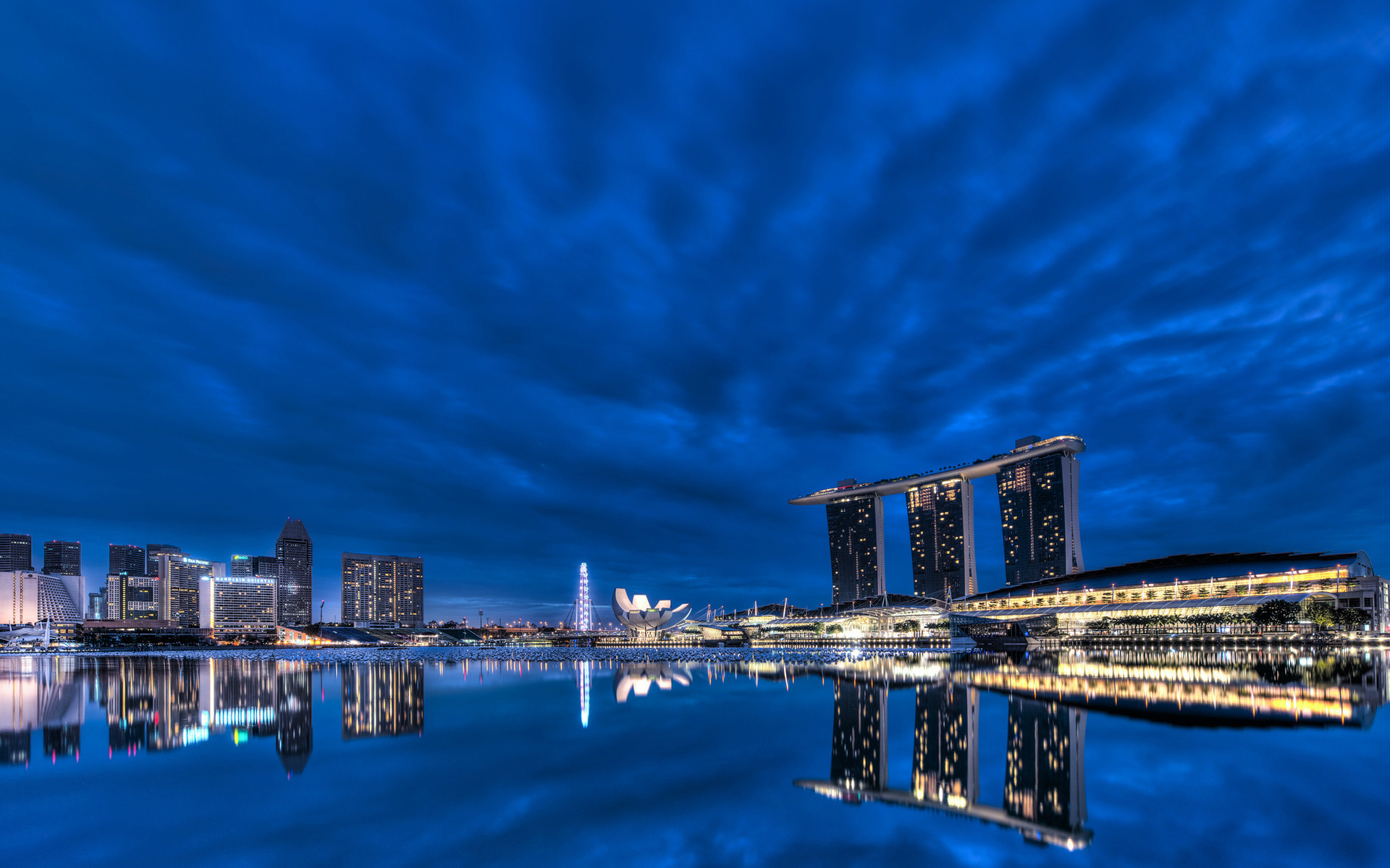 gardens by the bay, night, blue sky, bay, Singapore, lights, skyscrapers, architecture, clouds