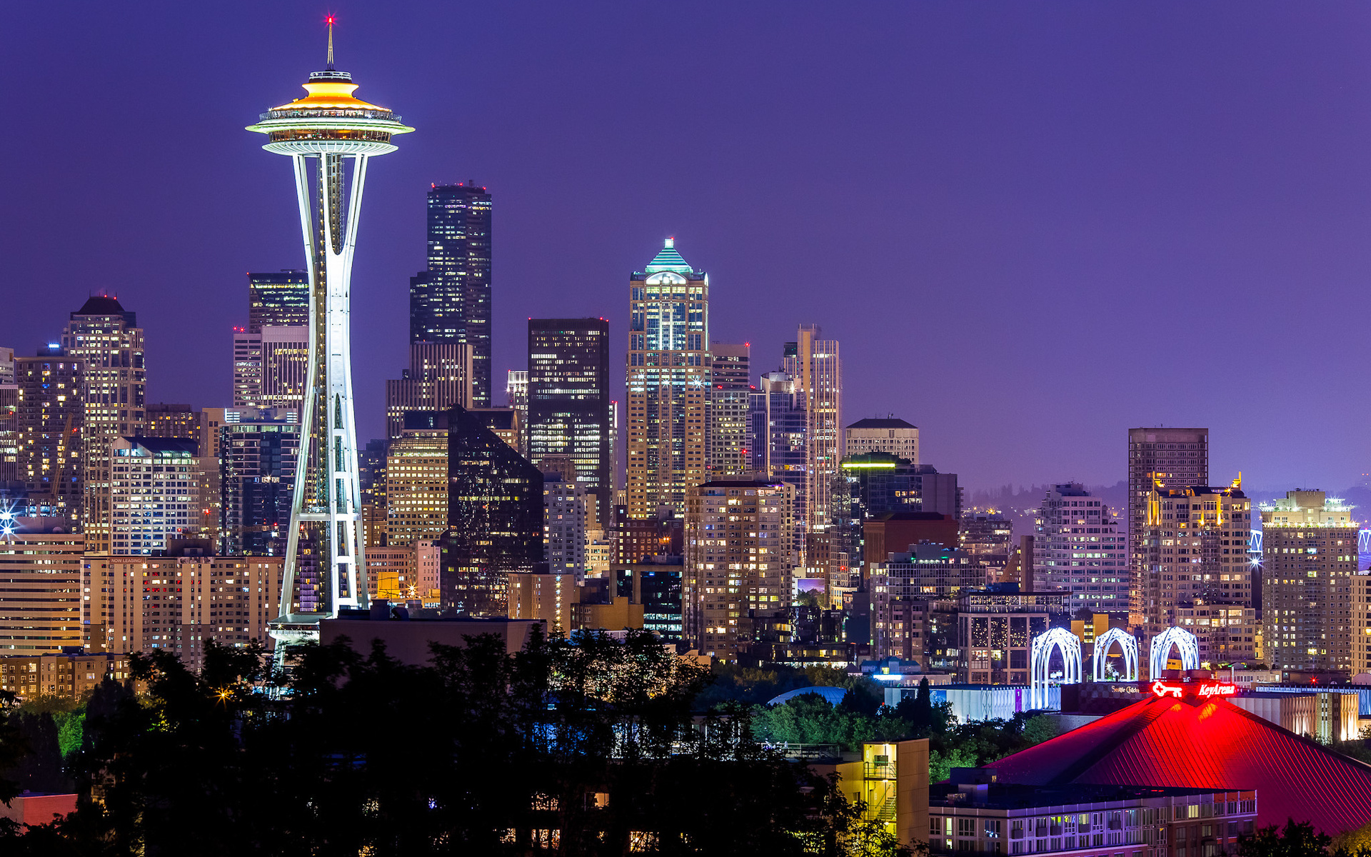 city, , Usa, space needle, lights, violet, washington, sky, seattle, night