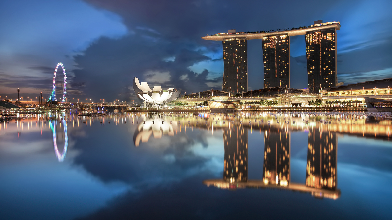 lights, clouds, night, gardens by the bay, skyscrapers, blue, architecture, sky, Singapore