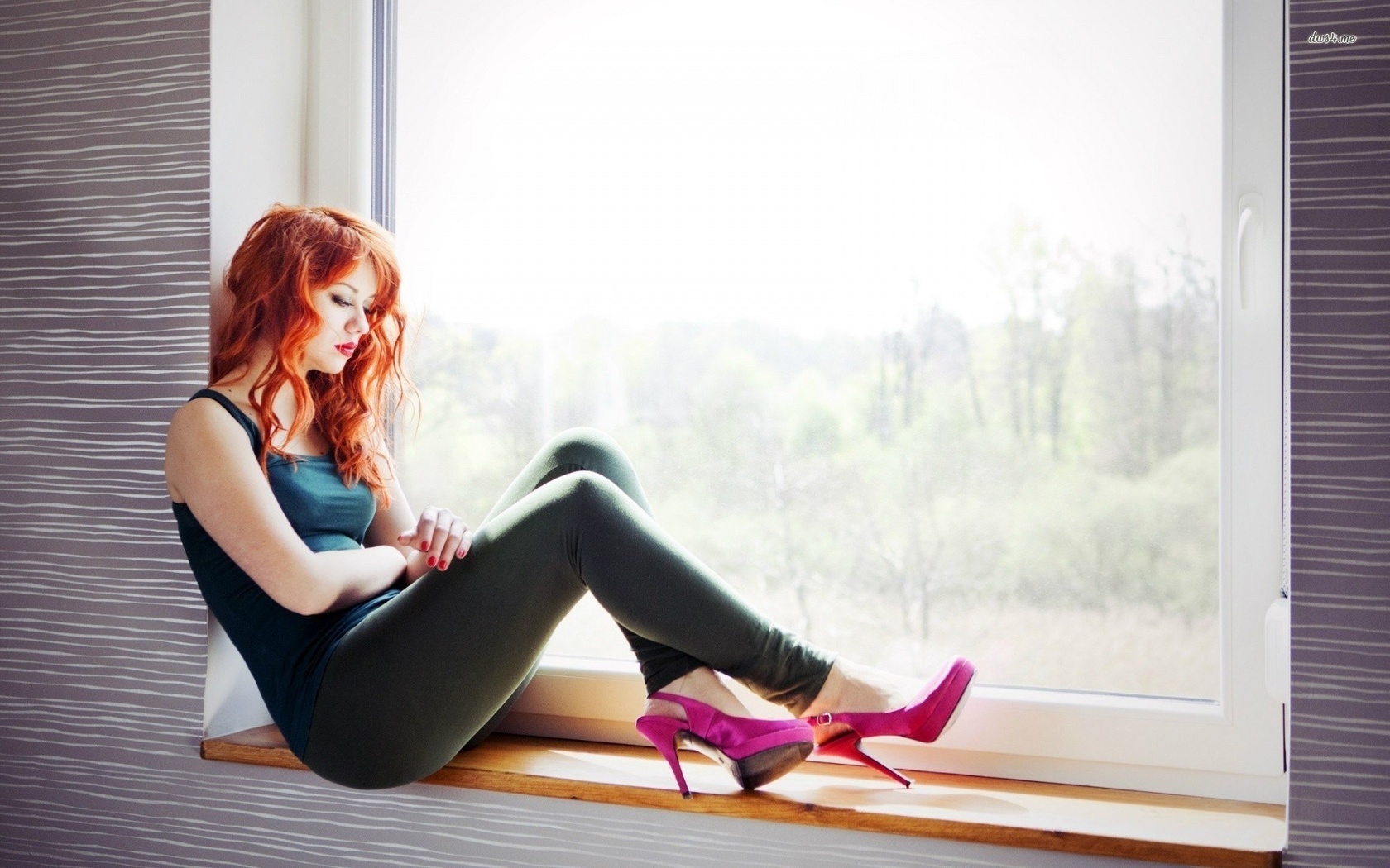 girl, sitting, windows