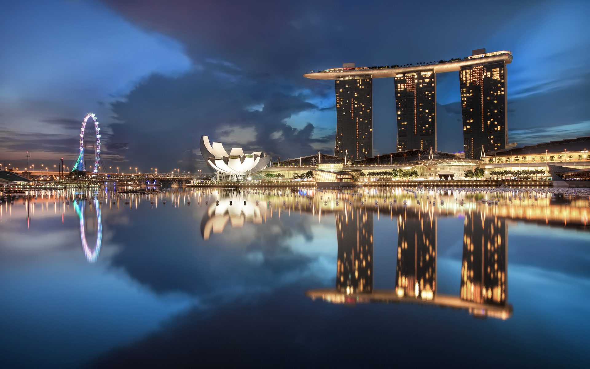 lights, clouds, night, gardens by the bay, skyscrapers, blue, architecture, sky, Singapore