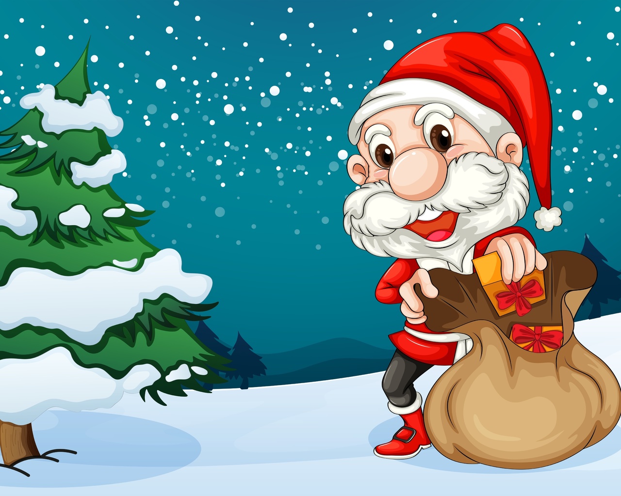 Картинки christmas, christmas tree, new year, gifts, snow, art, vector,  santa claus, sack of toys, satchel, bag of gifts.рождество, елка, новый  год, подарки, снег, искусство, вектор, дед мороз, мешок игрушки, сумки,  мешком