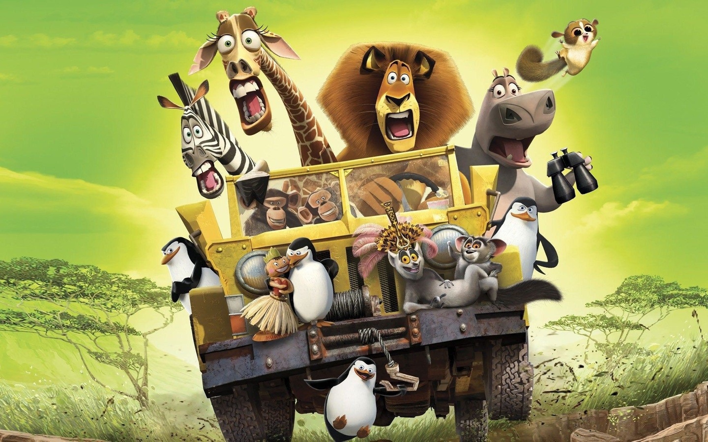 Картинки madagascar 2, саванна, машина,  небо,зеленое,деревья,дорога,камни,лев,жираф,бегемот,мартышки,пингвины,белка,колеса,руль,бинокль,трос,буксир,фары,кабина,звери,глаза,ужас,животные,пасть, зубы,хвост,уши,клюв - обои 1440x900, картинка №70057