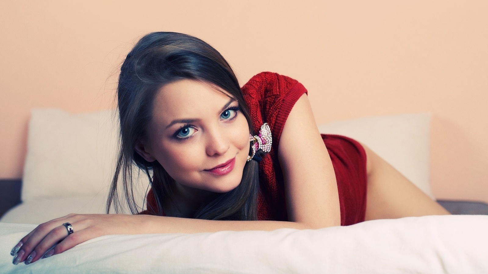 cute, brunette, bed, room