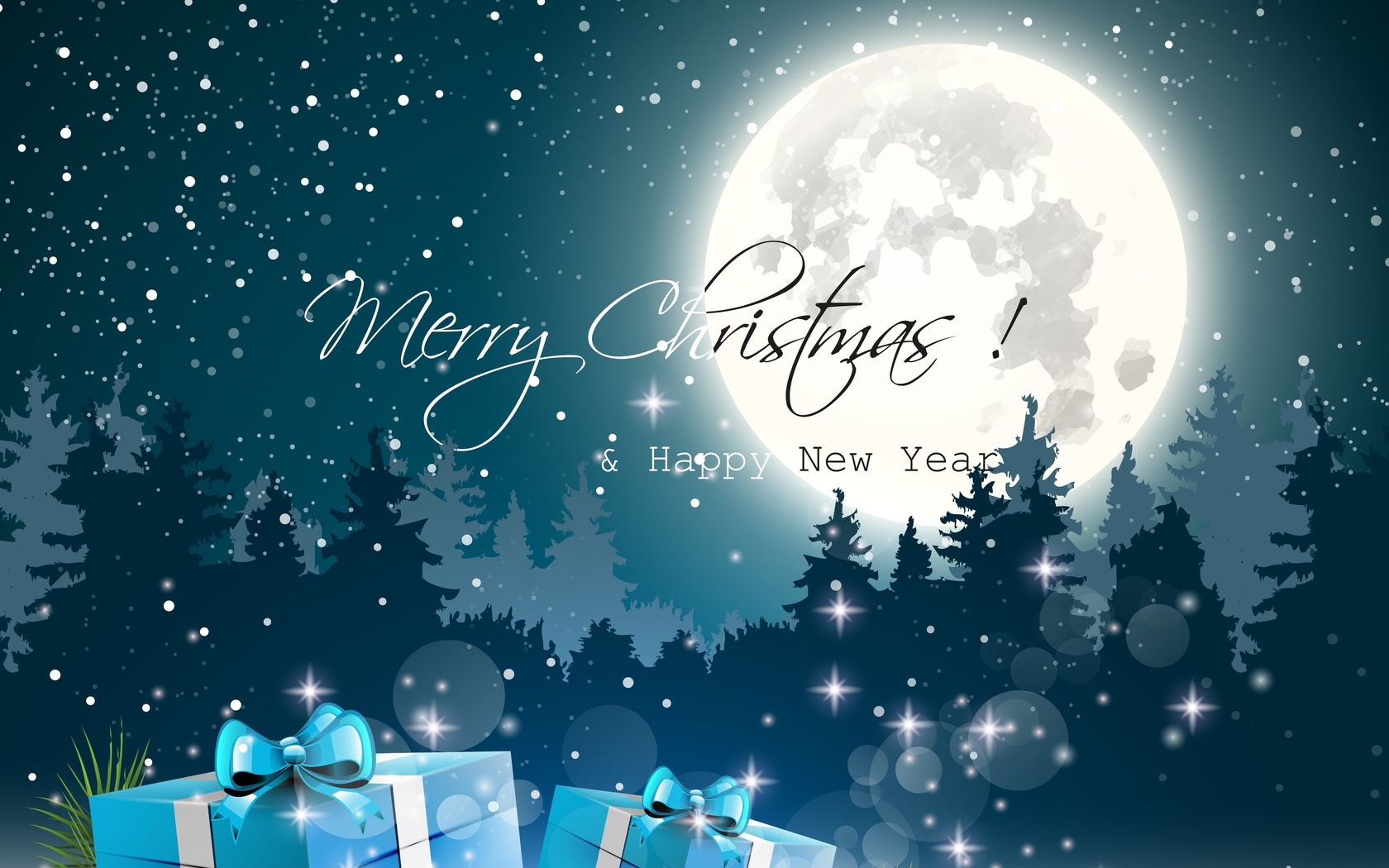 happy new year, merry christmas, christmas tree, full moon, gift box, snow, art,   ,   ,  ,  ,  , , 