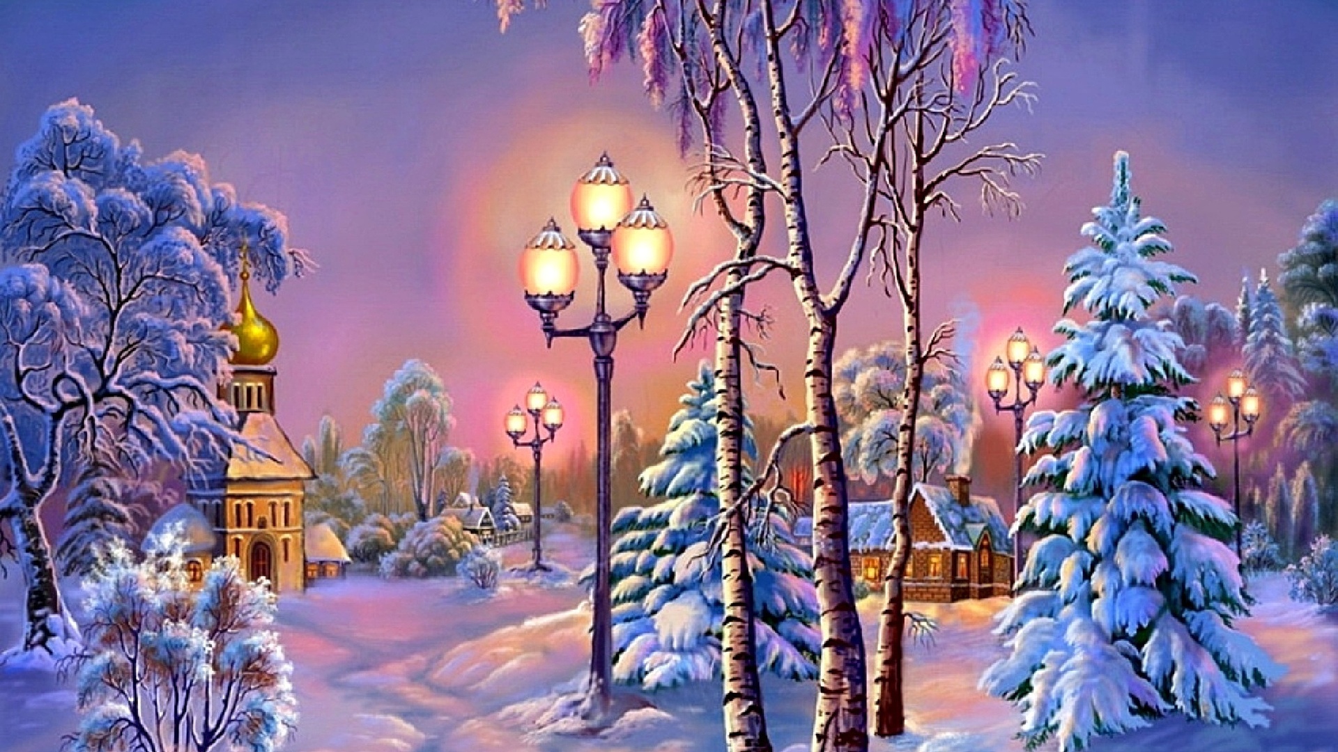 Картинки зима, вечер, фонарь, деревья, снег - обои 1920x1080, картинка ...