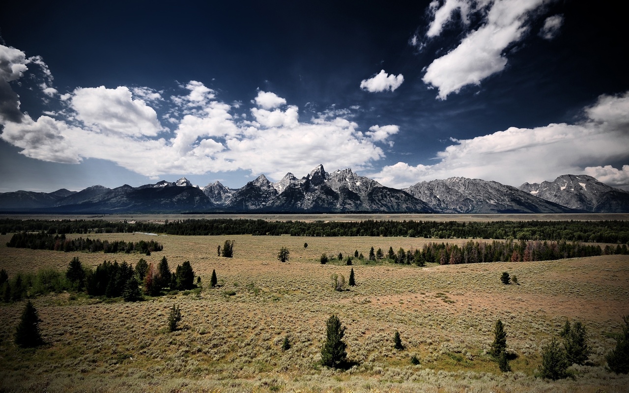 clouds, trees, mountains