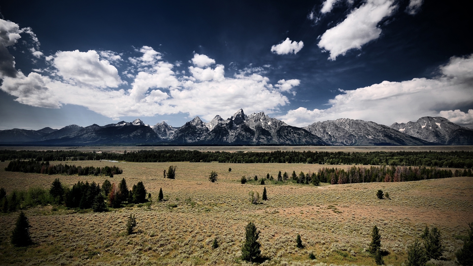 clouds, trees, mountains