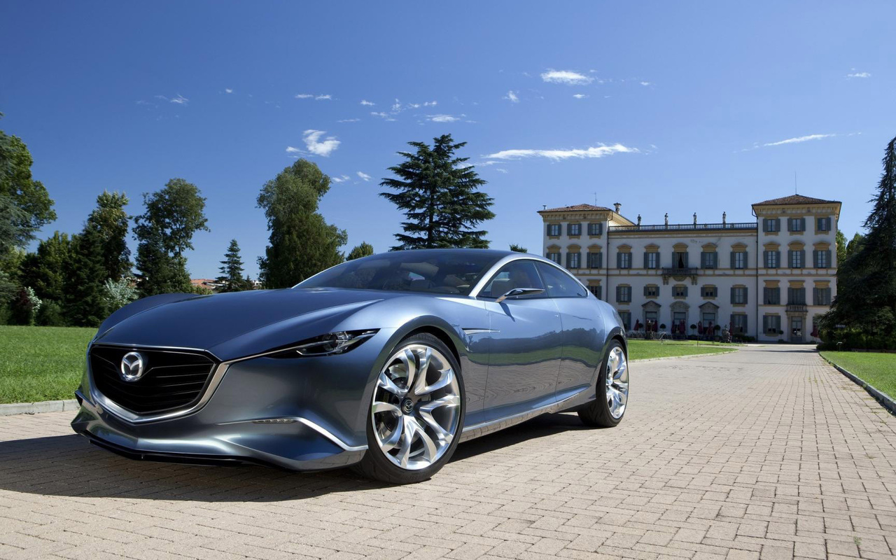 Картинки автомобиль, mazda, дом, дорога, небо, облака, деревья - обои  1280x800, картинка №91249