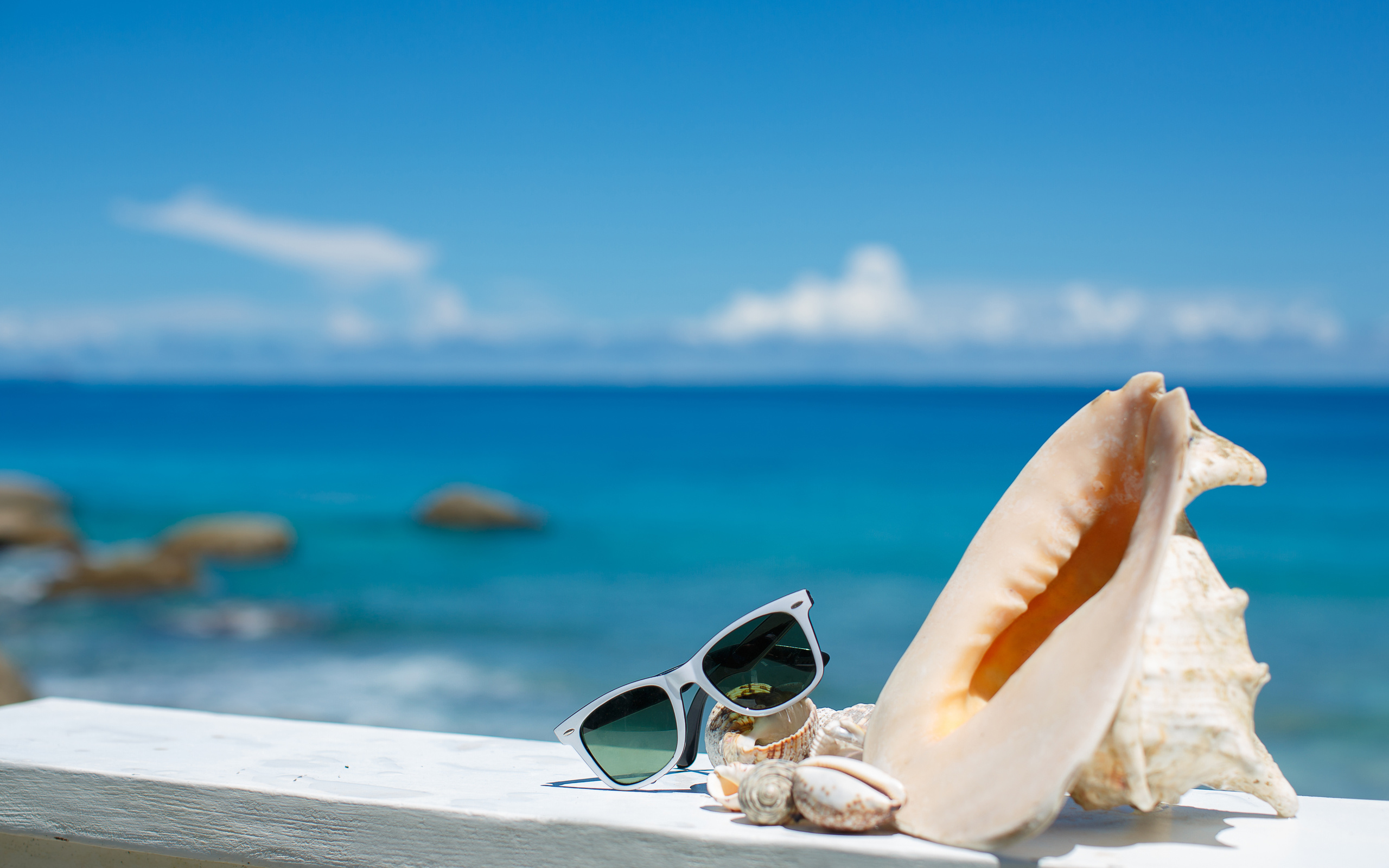 summer, vacation, beach, accessories, glasses, sun, shells, blue sky, sea