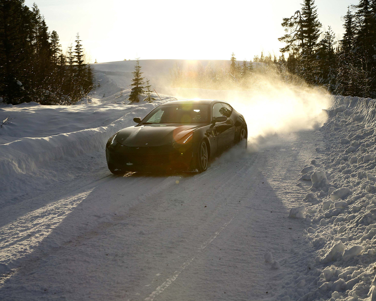 , winter, sun, ferrari ff, , , trees, , , car, snow, forest, , , , sky, 3000x2000, road, , speed