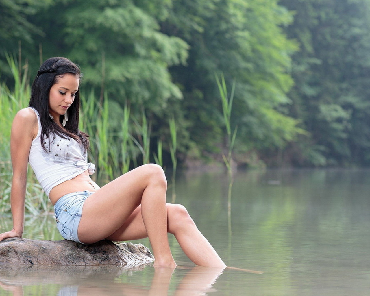 , , , , , , , , , , , , girl, brunette, nature, fishing, river, morning, reeds, trees, , , , 