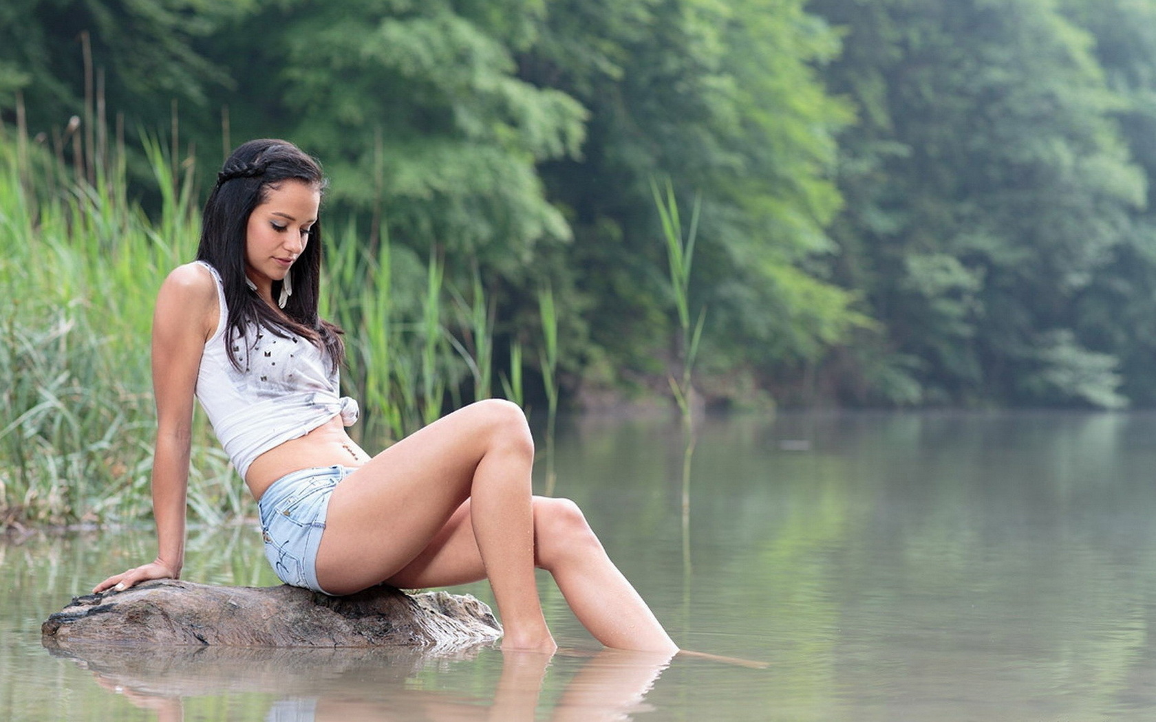 , , , , , , , , , , , , girl, brunette, nature, fishing, river, morning, reeds, trees, , , , 