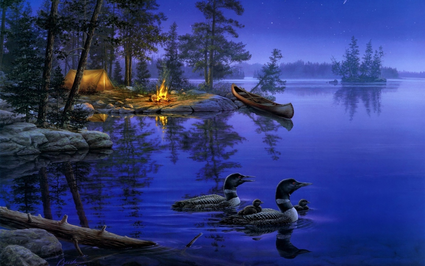 lake, , darrell bush, night, , , , painting, a world away, 