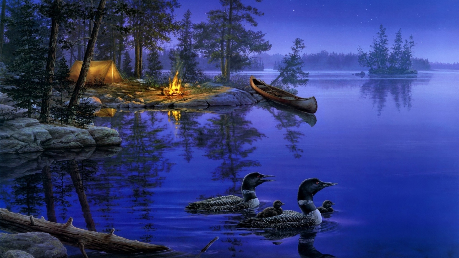 lake, , darrell bush, night, , , , painting, a world away, 