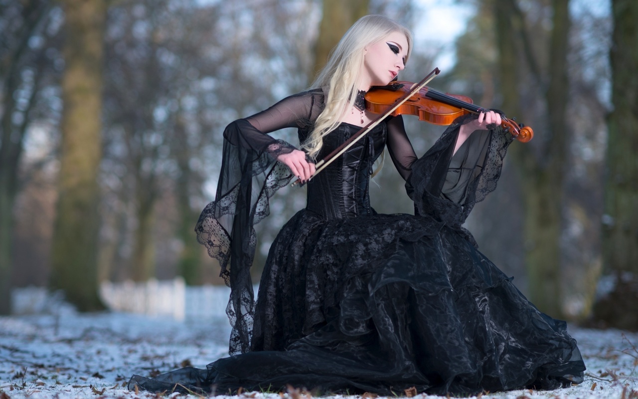 maria amanda, winters melody, blonde, winter, snow, violin, black dress, stock