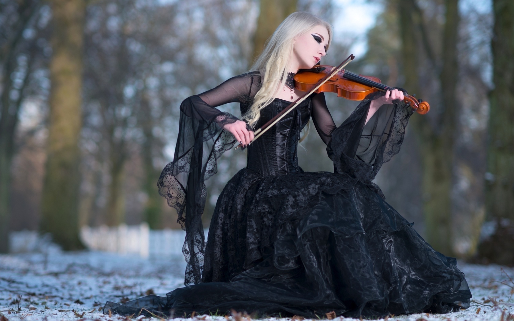 maria amanda, winters melody, blonde, winter, snow, violin, black dress, stock