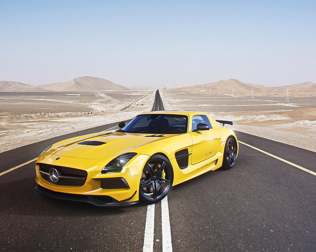 mercedes-benz, amg, sls, black edition, supercar, yellow, road, desert, sky