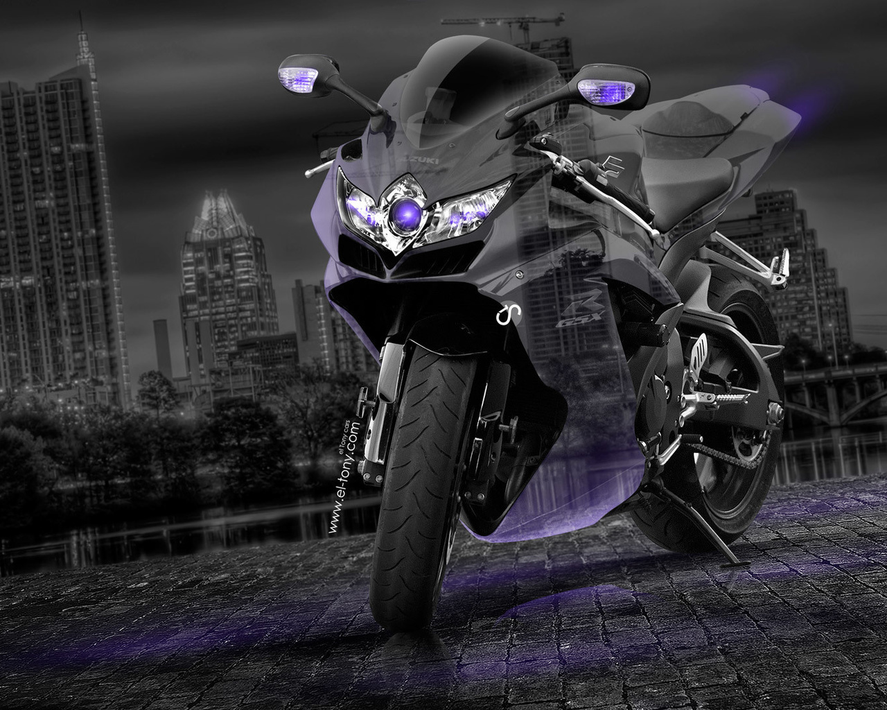 suzuki, gsx, r750, moto, crystal, city, violet, neon. night. el tony cars, photoshop,  , 