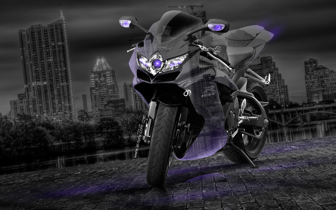 suzuki, gsx, r750, moto, crystal, city, violet, neon. night. el tony cars, photoshop,  , 