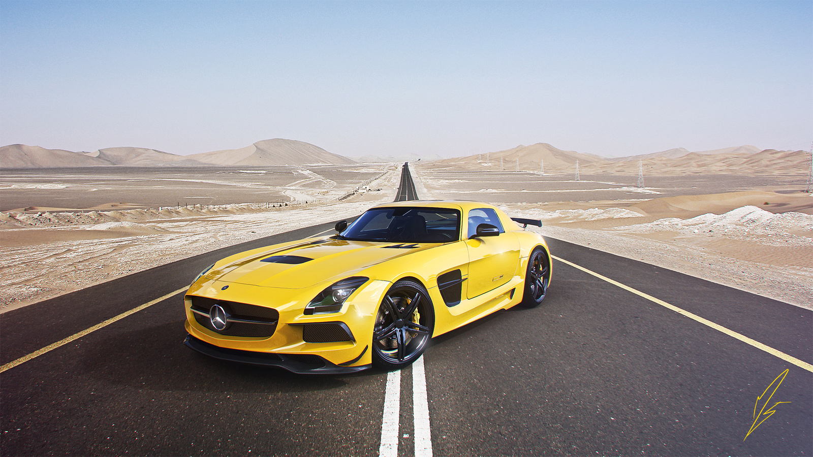 mercedes-benz, amg, sls, black edition, supercar, yellow, road, desert, sky