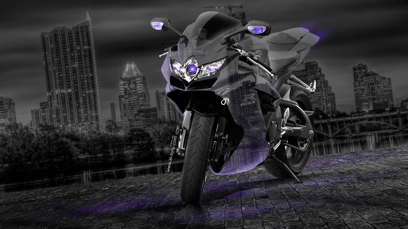 suzuki, gsx, r750, moto, crystal, city, violet, neon. night. el tony cars, photoshop,  , 