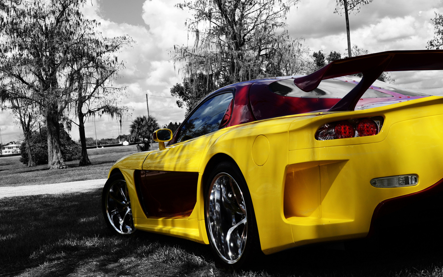 mazda, rx-7, veilside, tuning, yellow, back, trees