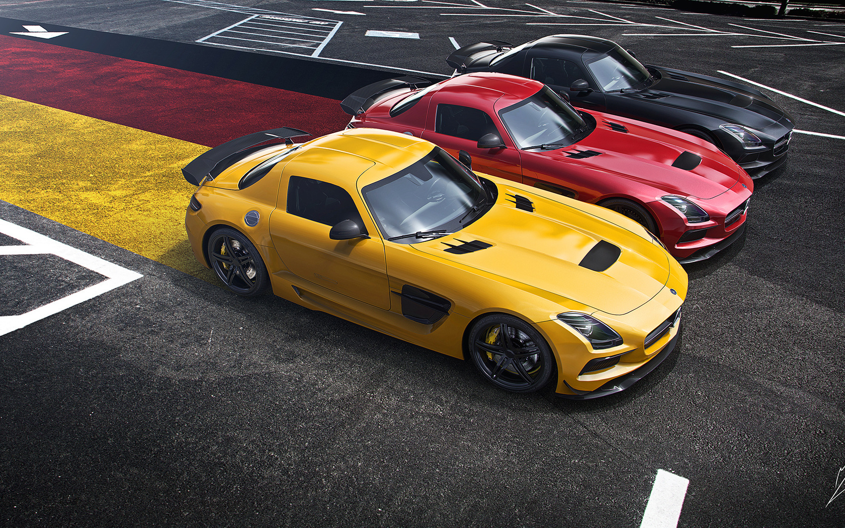 mercedes-benz, sls, amg, black edition, supercar, yellow, red, black, german, flag, widescreen, asphalt