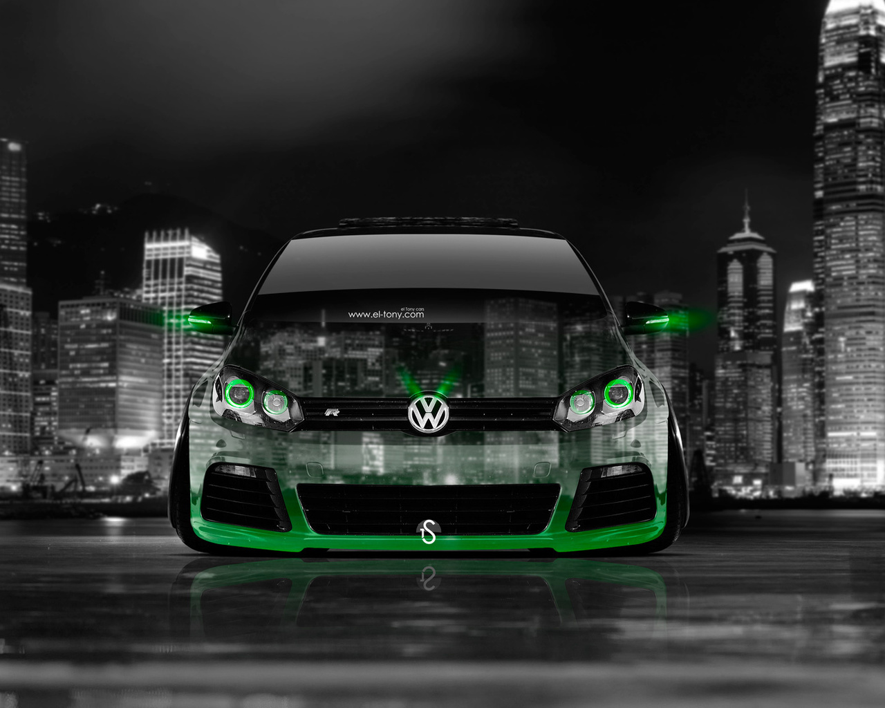 tony kokhan, volkswagen, golf, r, front, crystal, city, green, neon, night, el tony cars, photoshop, hd wallpapers,  , , , , , ,  , , , , , , , 2014