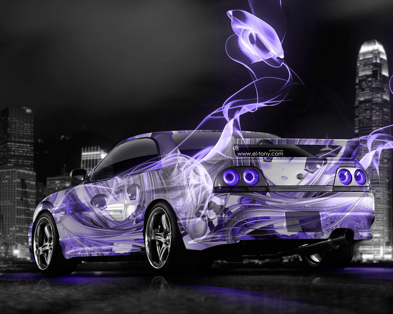 tony kokhan, nissan, skyline, gtr, r33, jdm, anime, girl, aerography, city, violet, neon, colors, energy, el tony cars, photoshop, design, hd wallpapers,  , , , , , 33, , , , , , , 