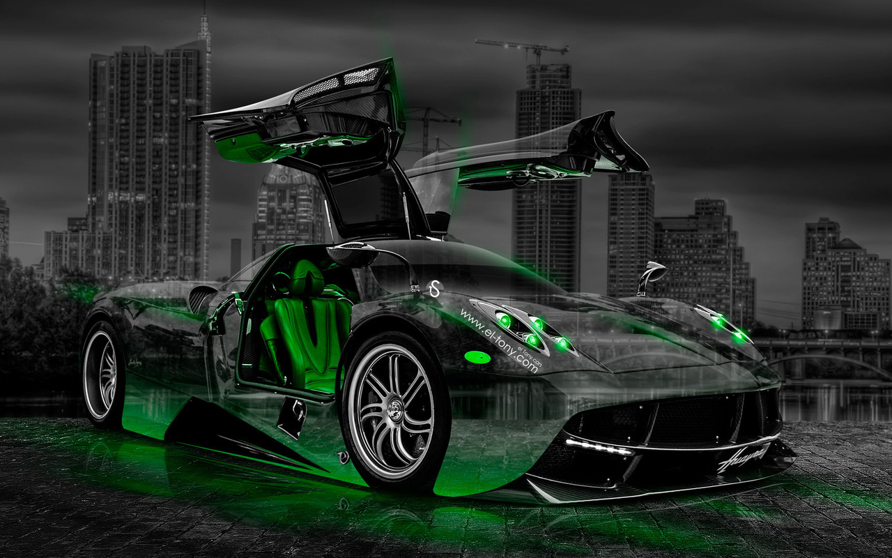 tony kokhan, pagani, huayra, open, doors, crystal, city, green, neon, car, style, night, el tony cars, photoshop, design,  , , , , , , , , , , , , , 2014, , 