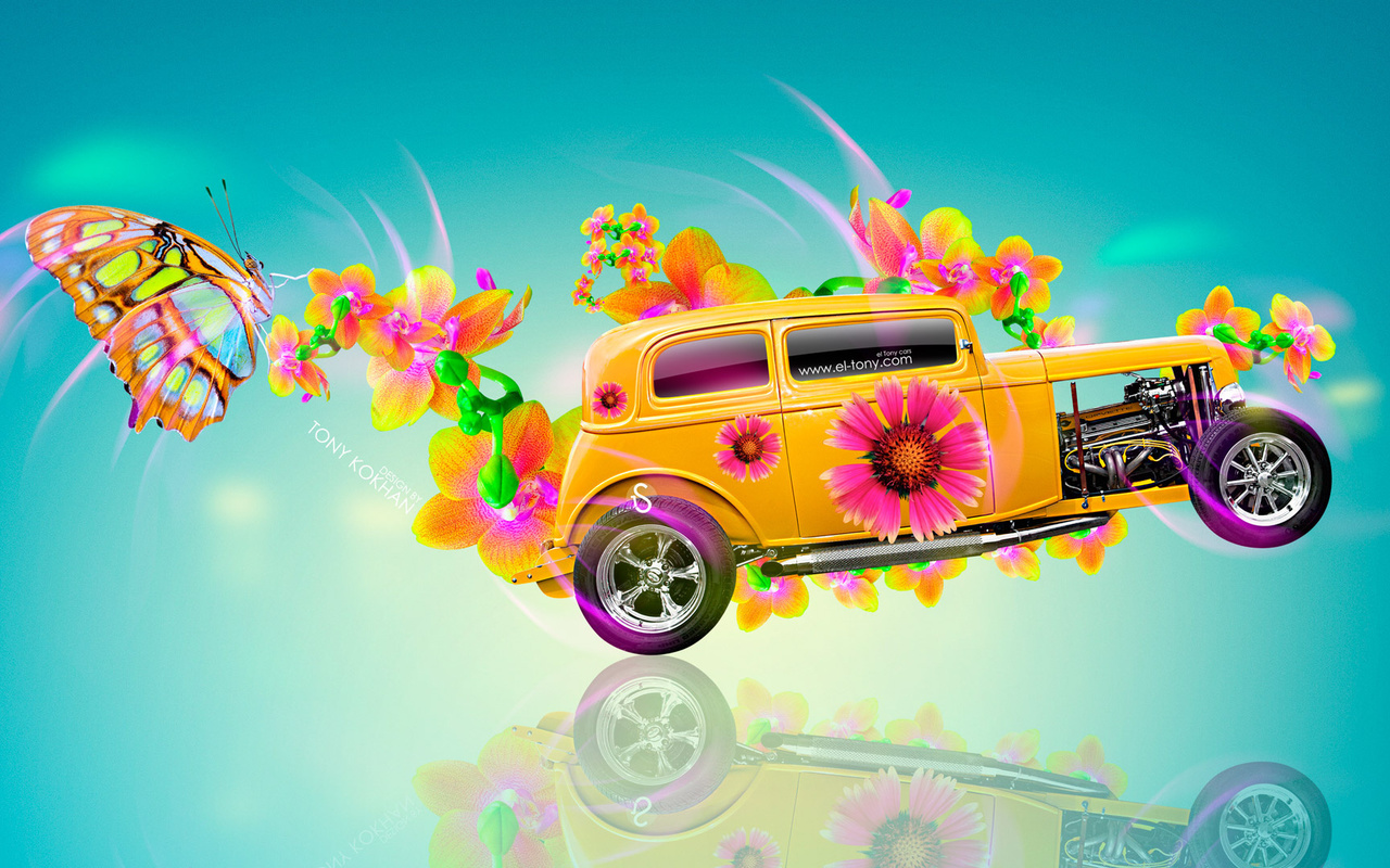 tony kokhan, retro, car, flowers, fantasy, chevrolet, engine, side, butterfly, multicolors, blue, background, hd wallpapers, el tony cars, photoshop,  , , , , ,  , , , , , , ,