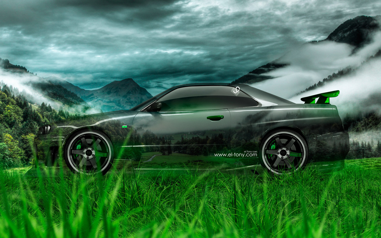 tony kokhan, nissan, skyline, gtr, r34, side, crystal, car, nature, green, grass, el tony cars, photoshop, hd wallpapers,  , , , , , , , , 34,  , , , , , 2014